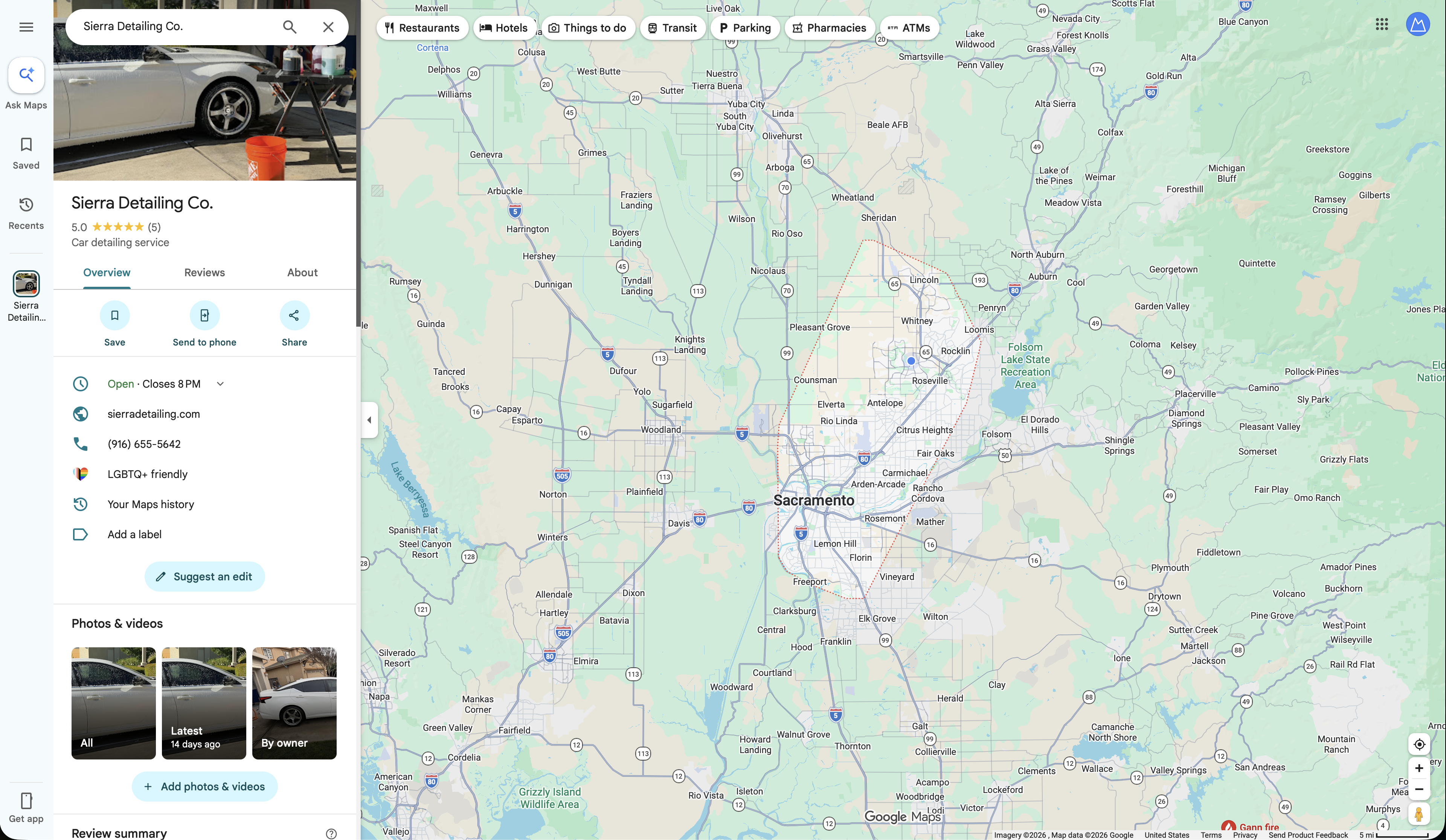 Sierra Detailing Co. Google Business Profile showing 5-star rating, location on map, and business details