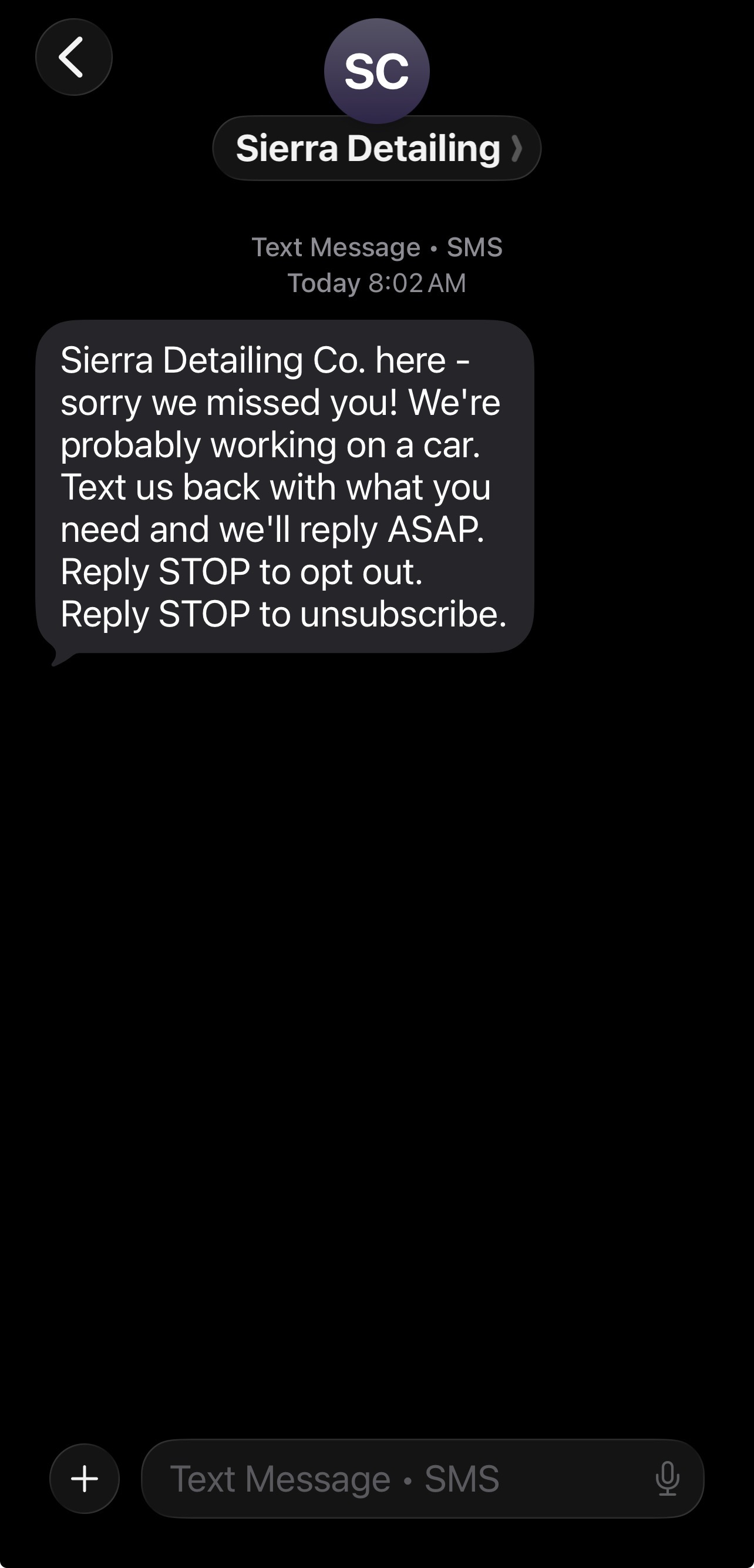 Automated missed call text back from Sierra Detailing - SMS response when call was missed