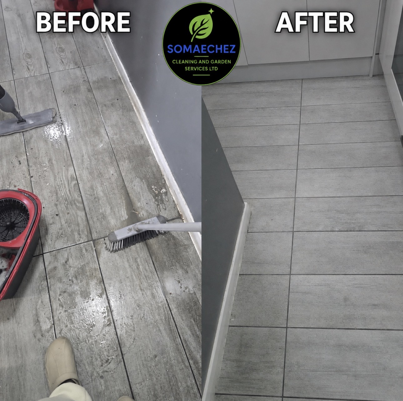 Kitchen floor cleaning before and after - dirty tiles restored