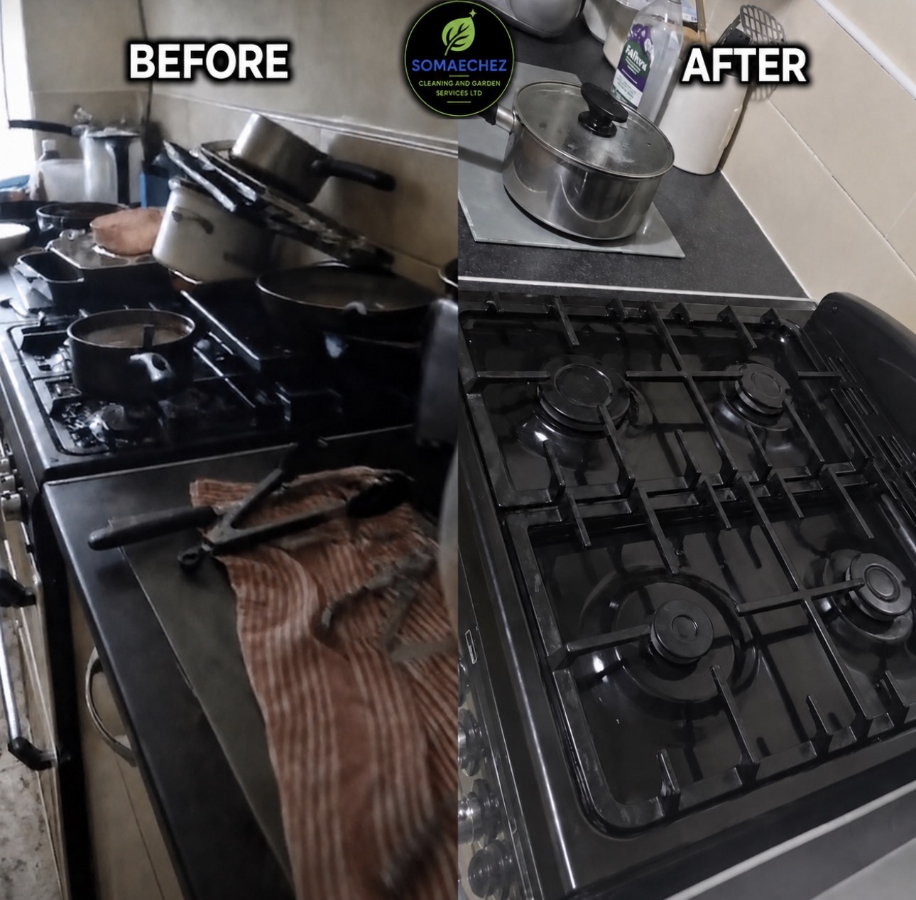 Oven and hob cleaning before and after - grease removed to showroom finish