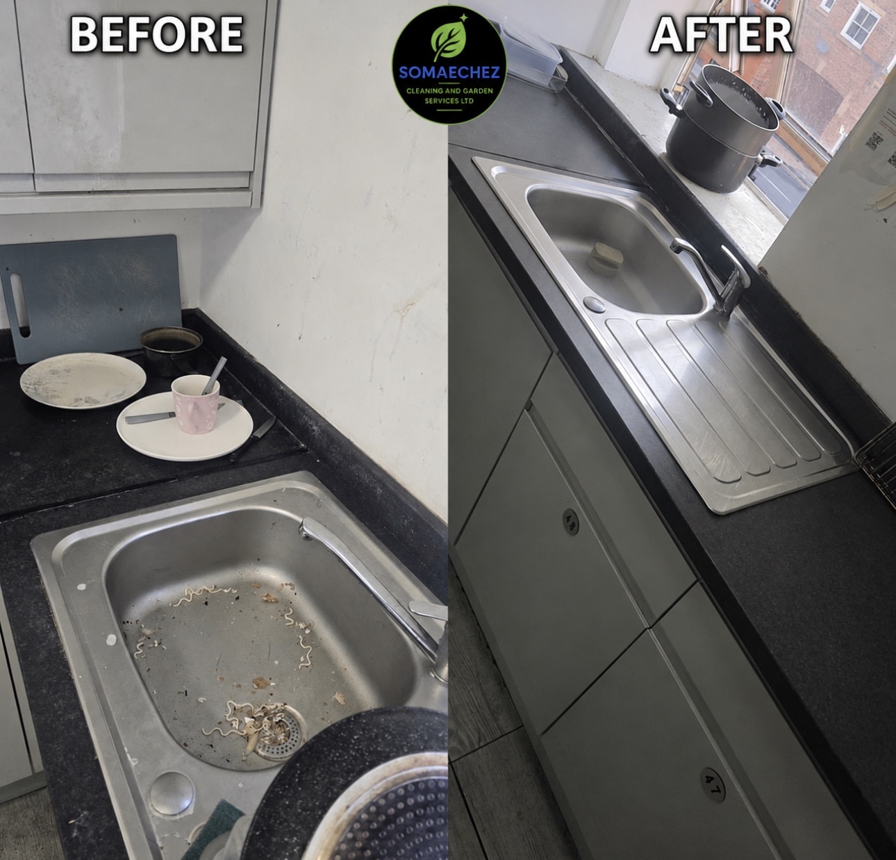 Kitchen deep clean before and after - sink and worktops transformed