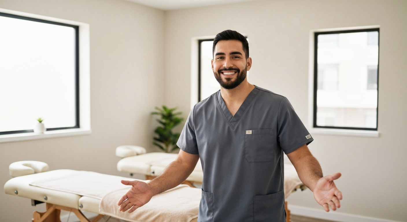 Terapeuta de masaje dando la bienvenida a cliente