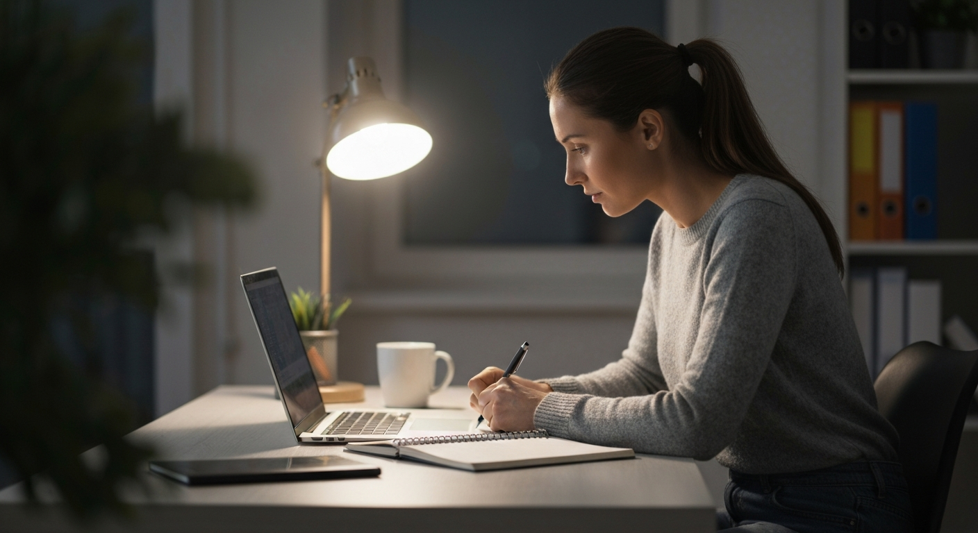 Adulto estudiando y balanceando trabajo y educación