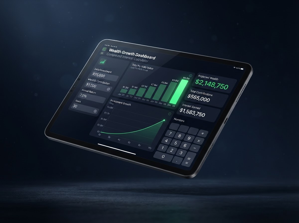 IBC Calculator dashboard on a tablet showing wealth growth and compound interest