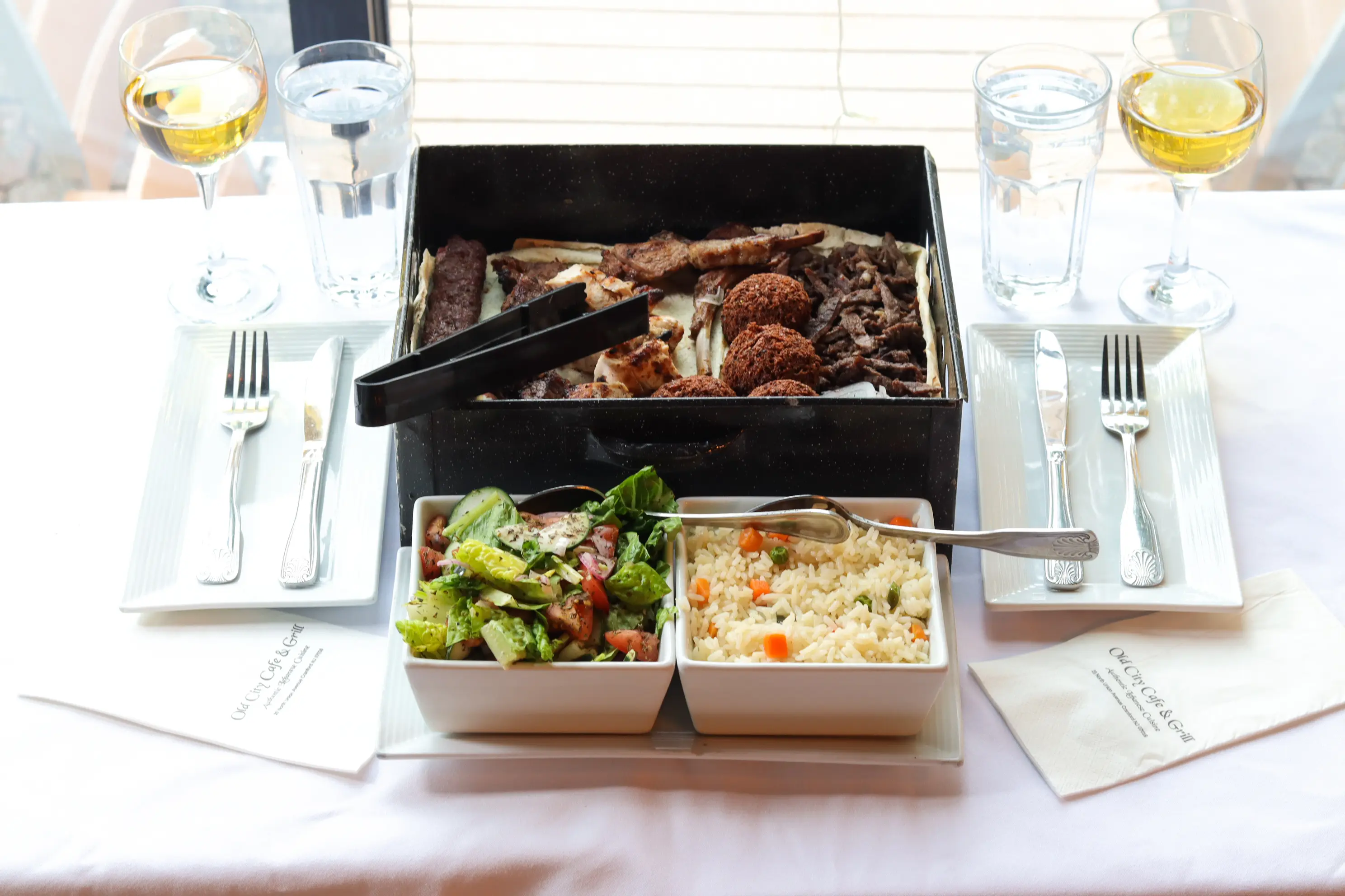 Premium Lebanese mixed grill platter with rice and salad at Old City Cafe & Grill in Cranford, NJ