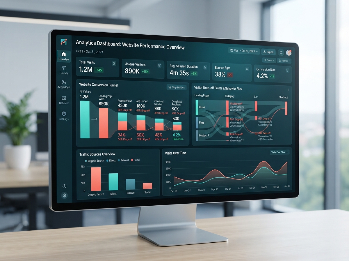 Website traffic analytics dashboard showing conversion funnels