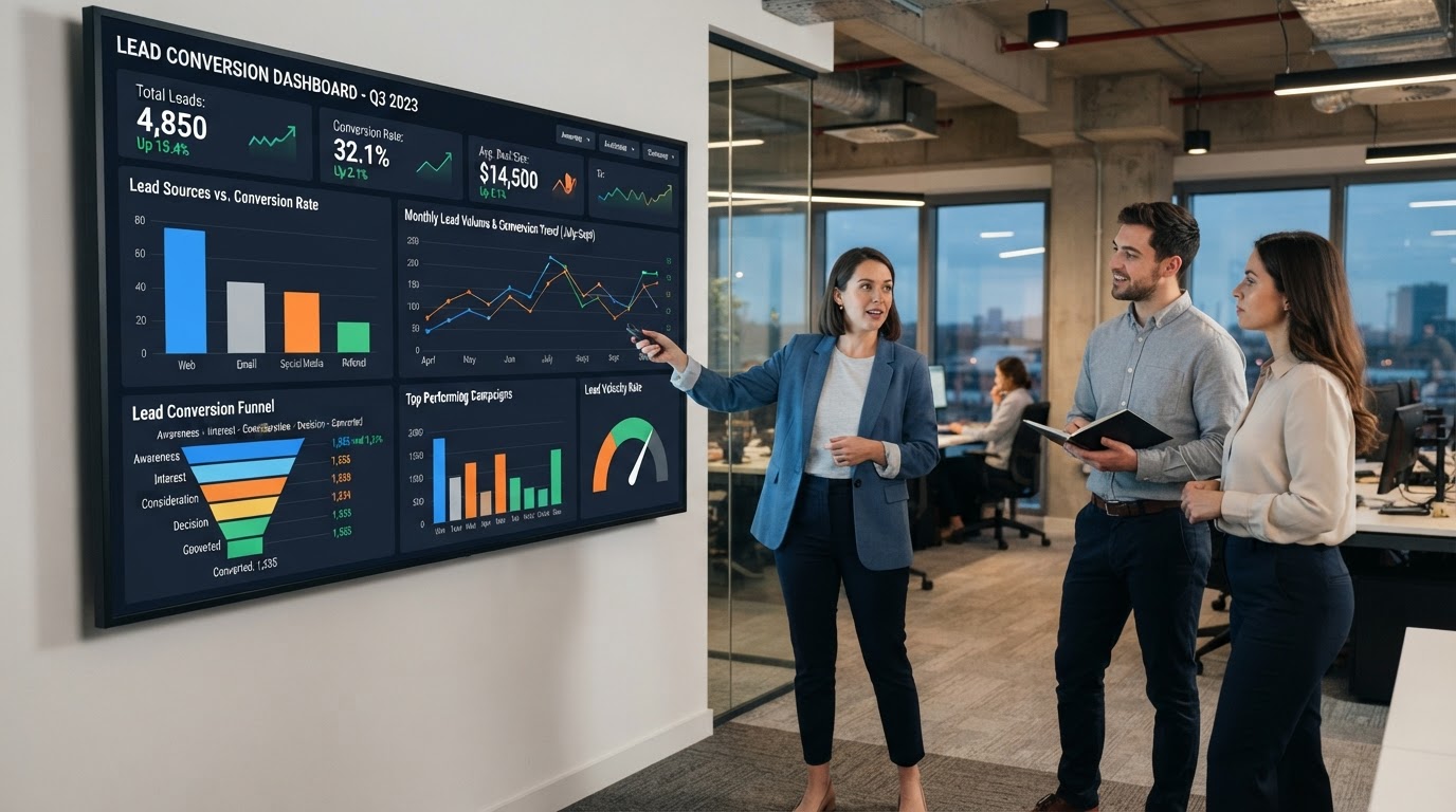 Business analytics dashboard showing lead conversion metrics