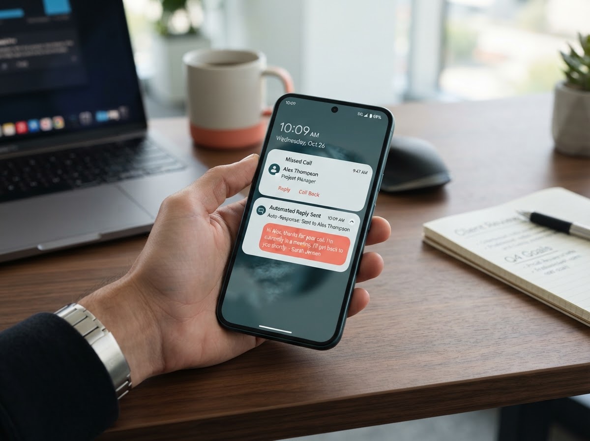 Smartphone showing missed call with automated SMS text-back response