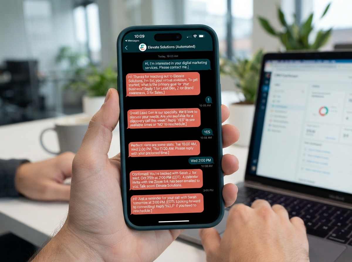 Automated SMS conversation flow showing instant lead response and booking