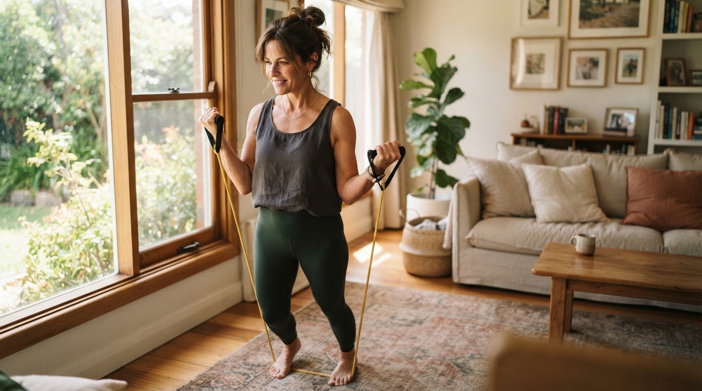 Midlife woman exercising with resistance bands at home