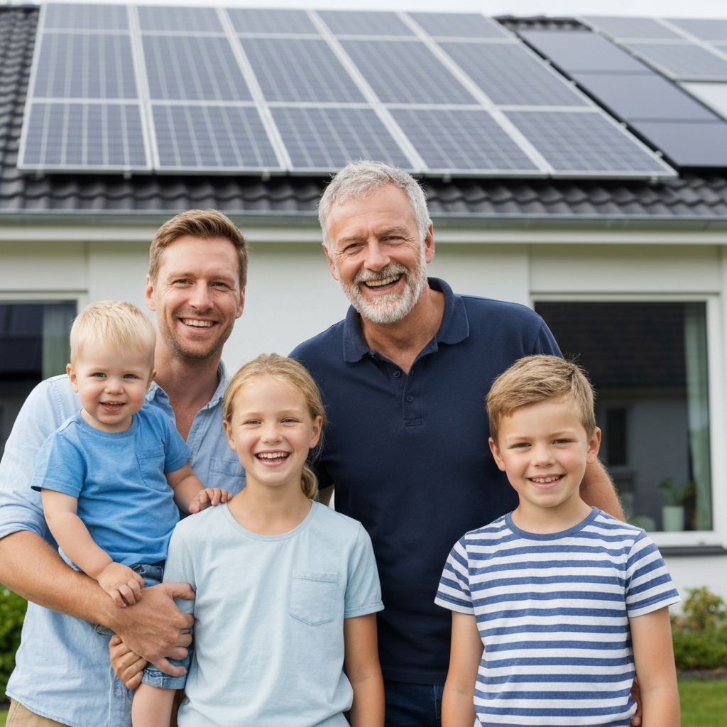 Glückliche Familie mit Solarteur vor Haus mit Photovoltaik