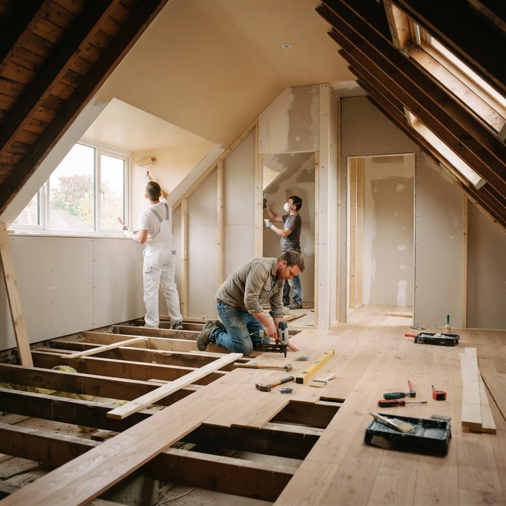 Cloisons et plancher dans grenier aménagé en province de Luxembourg