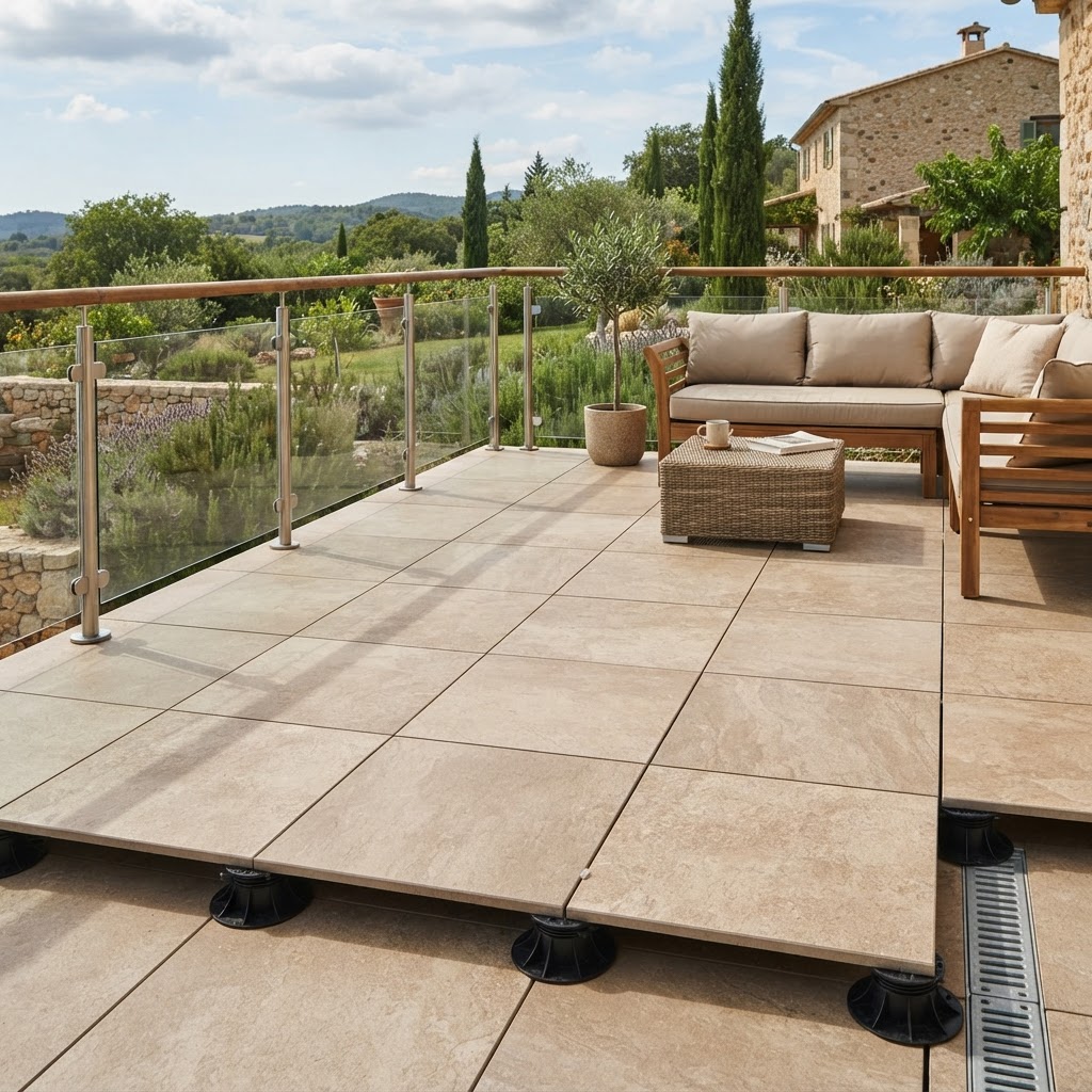 Carrelage extérieur résistant au gel sur terrasse en province de Luxembourg