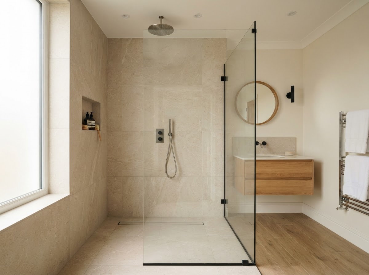 Douche à l'italienne carrelée dans une salle de bain rénovée à Arlon