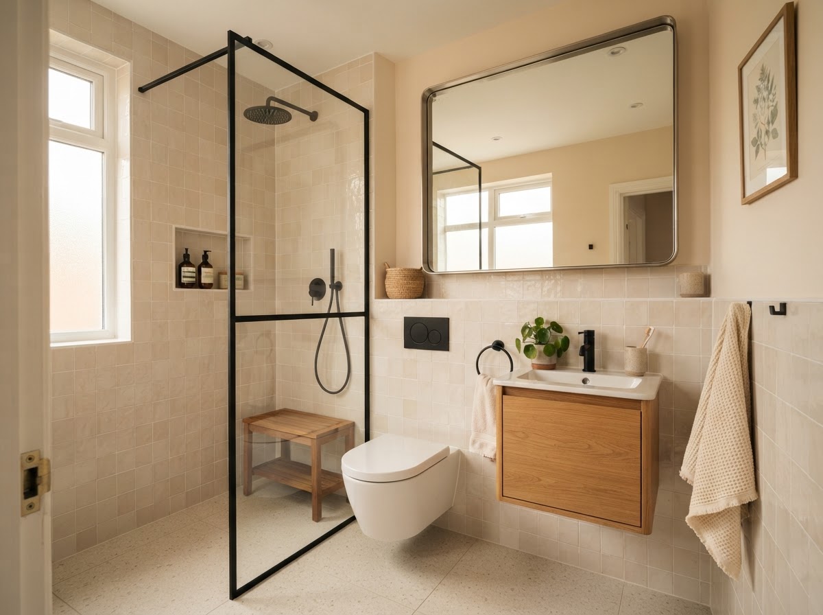 Petite salle de bain optimisée avec douche à l'italienne et meuble suspendu à Arlon