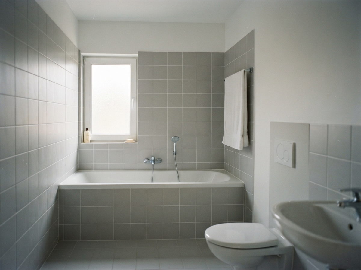 Baignoire encastrée avec tablier carrelé dans une salle de bain rénovée à Arlon