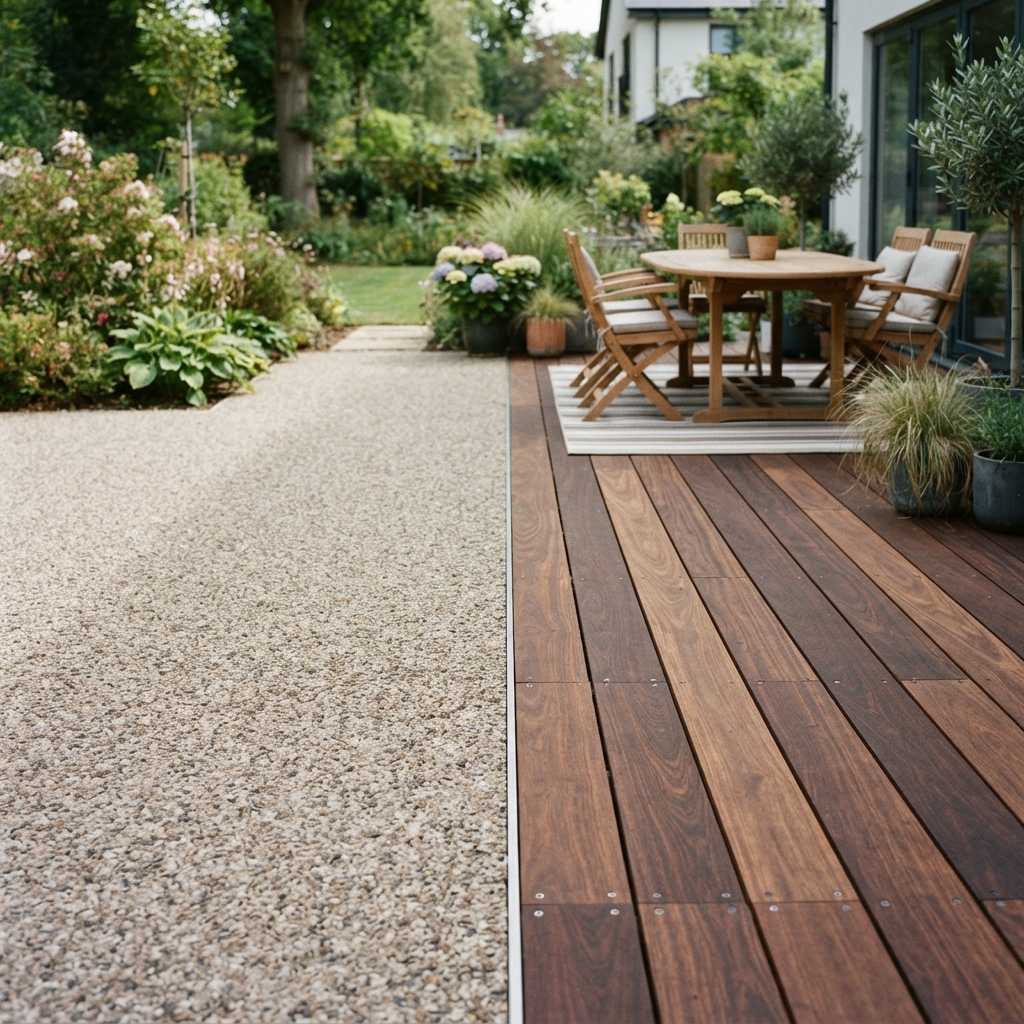 Transition moquette de pierre et terrasse en bois à Arlon