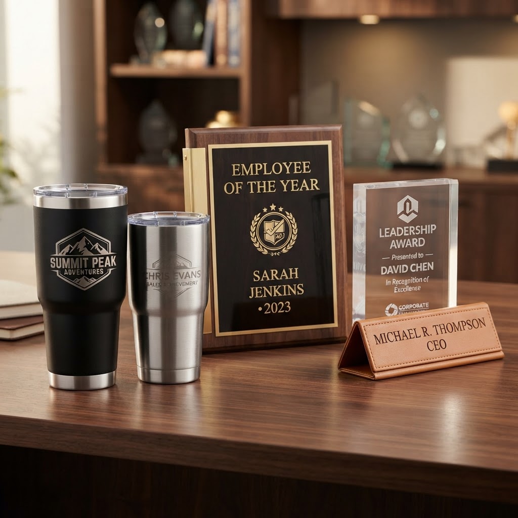 Custom laser engraved tumblers, awards, and plaques
