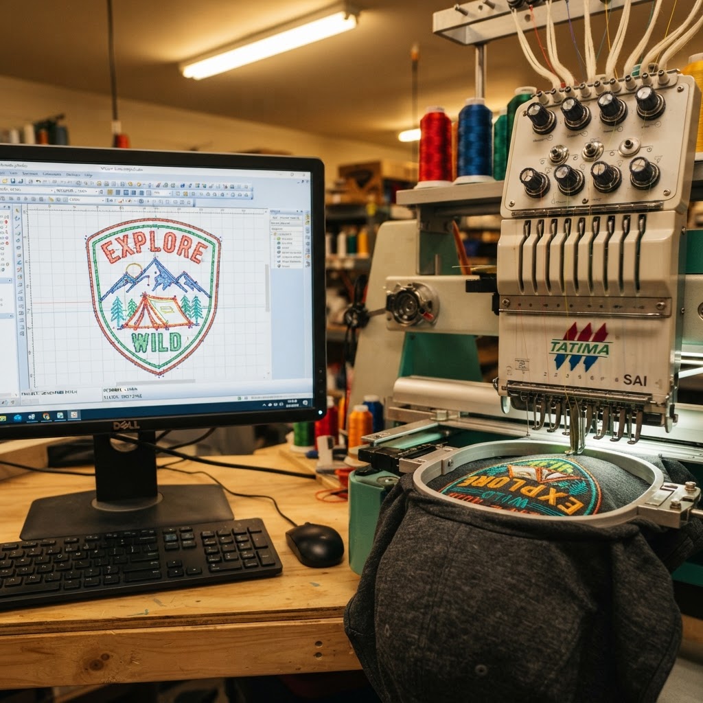 Embroidery digitizing software converting a logo into a stitch file