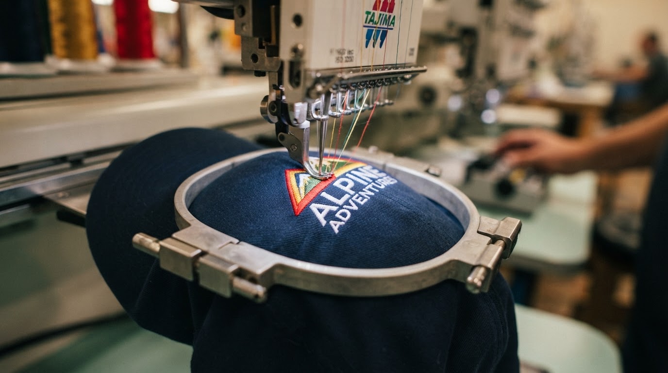 Close-up of an embroidered logo on apparel
