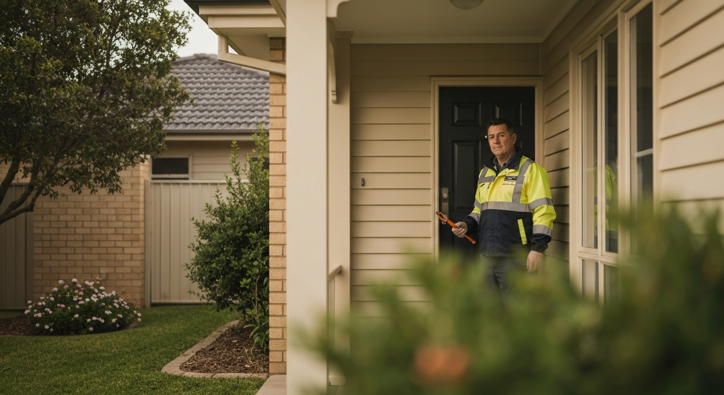 Priority Pest Services technician arriving at a Sydney home in hi-vis uniform