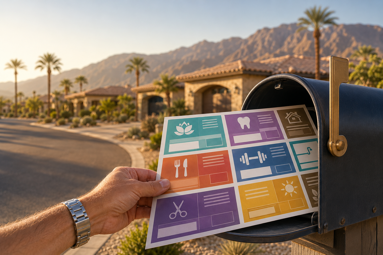 Local Spotlight postcard being held at a Palm Desert mailbox showing multiple business advertisements in colorful placements