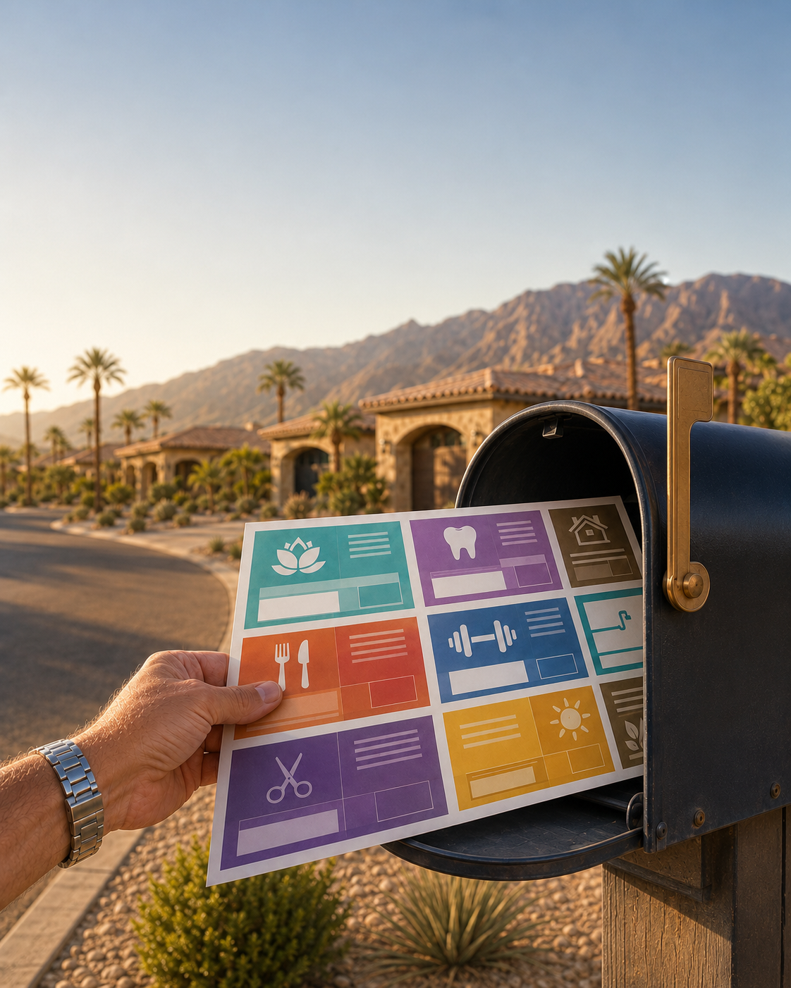 Local Spotlight postcard being held at a Palm Desert mailbox showing multiple business advertisements in colorful placements