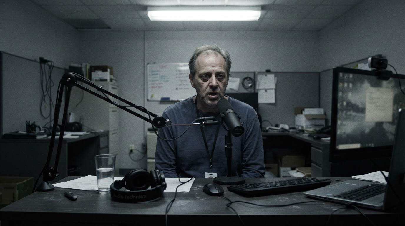 Dim harsh overhead office lighting on the same podcast host, flat and unflattering
