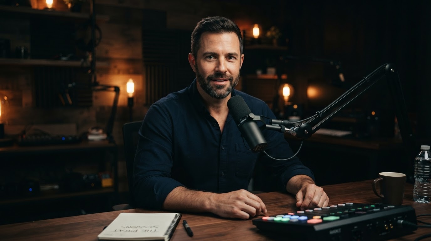 Studio X cinematic key fill and back light on a podcast host, broadcast quality