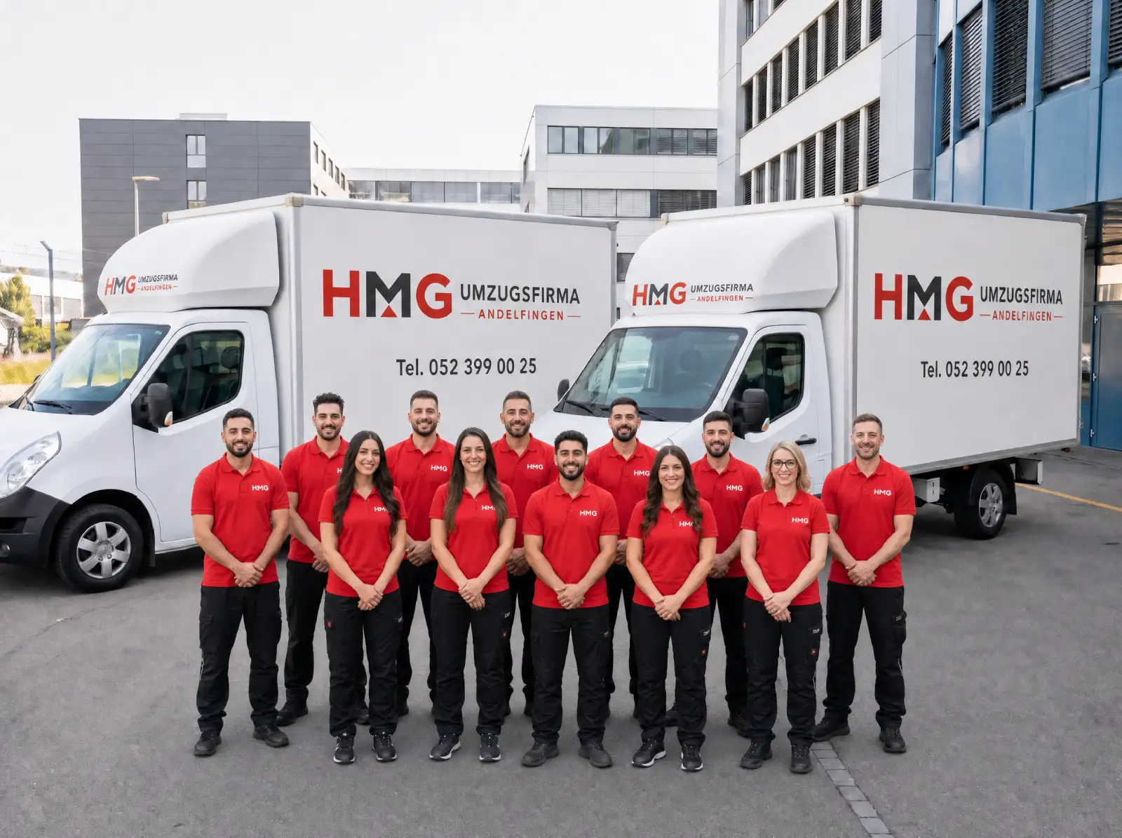 Das HMG Team vor den Umzugsfahrzeugen in Andelfingen