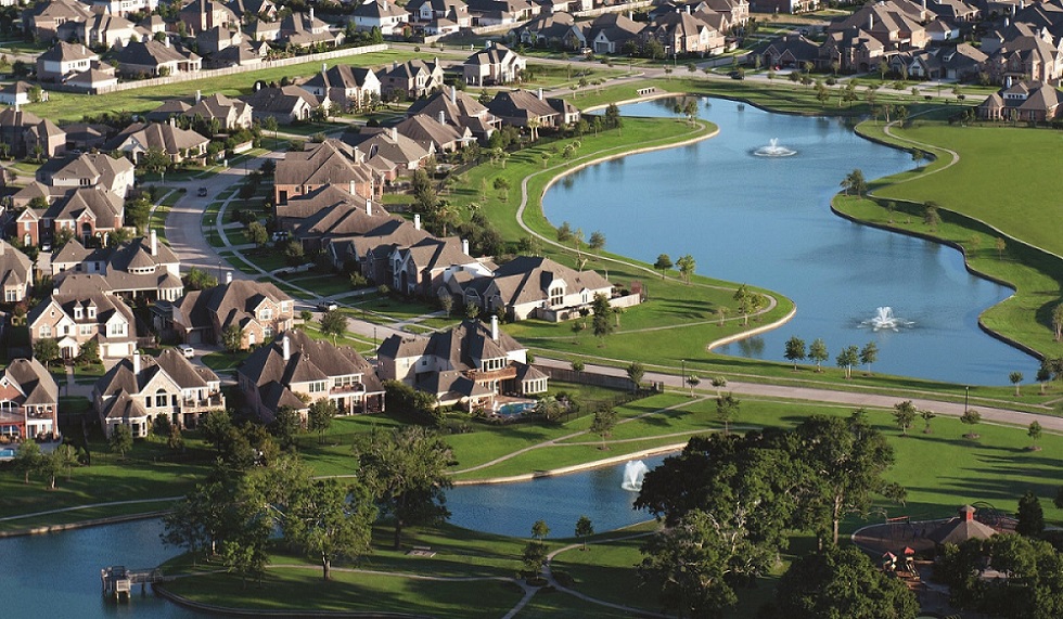 Aerial view of homes and lakes in Cypress, TX