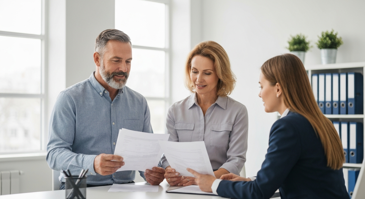 Couple reviewing mortgage pre-approval documents in a bright modern office