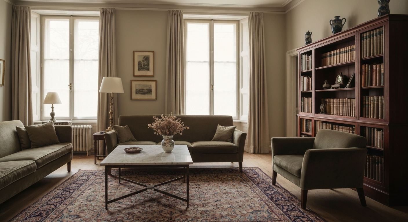 Compassionate and dignified traditional living room representing a family transition and inherited home