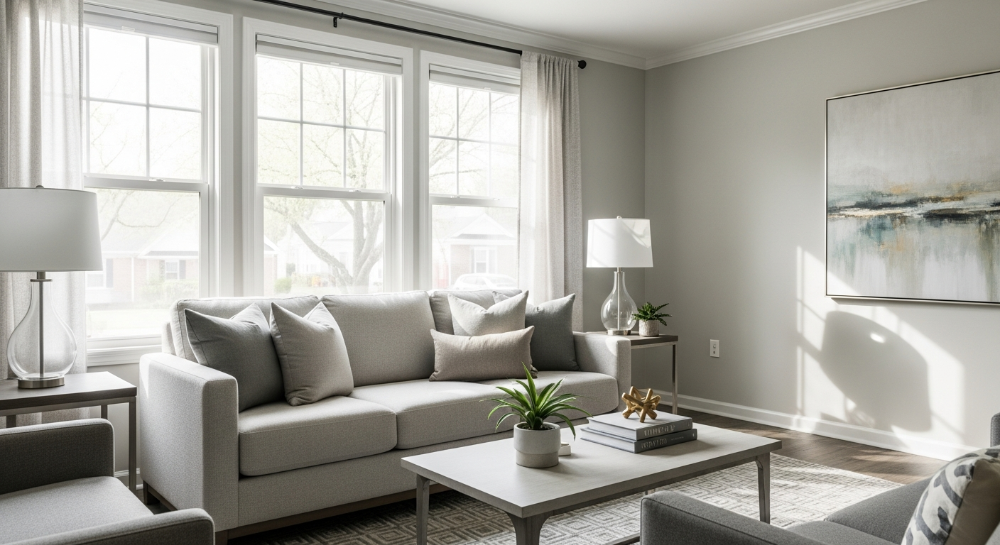 Calm, neutral living room representing a peaceful real estate transition