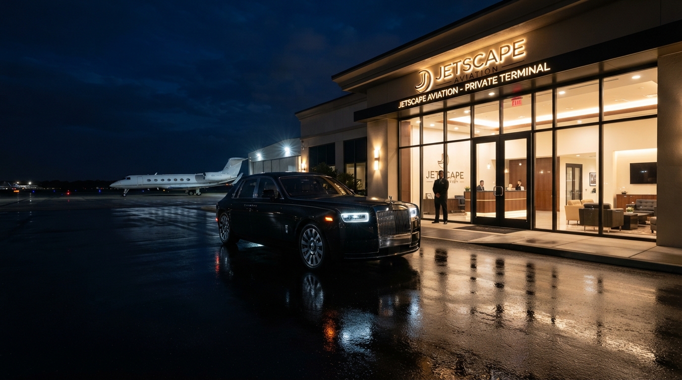 Vehicle staged at FBO terminal doors at night