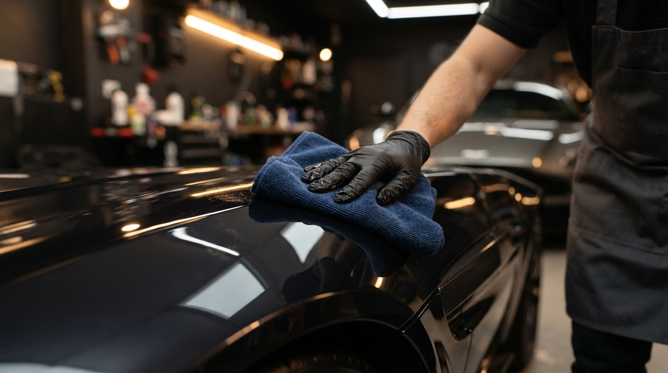 Microfiber detailing spray on vehicle panel macro