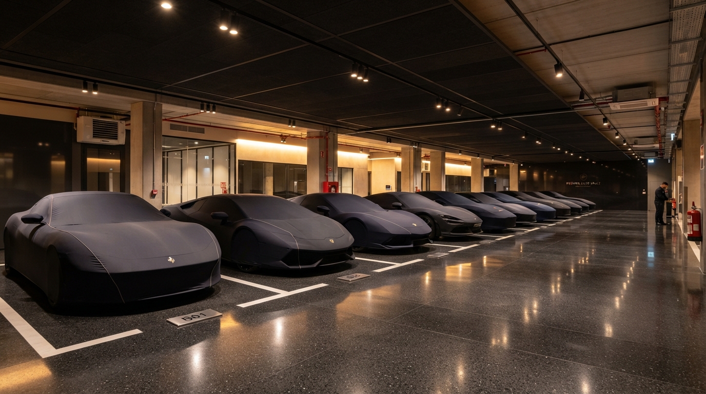 Row of covered vehicles in indoor storage