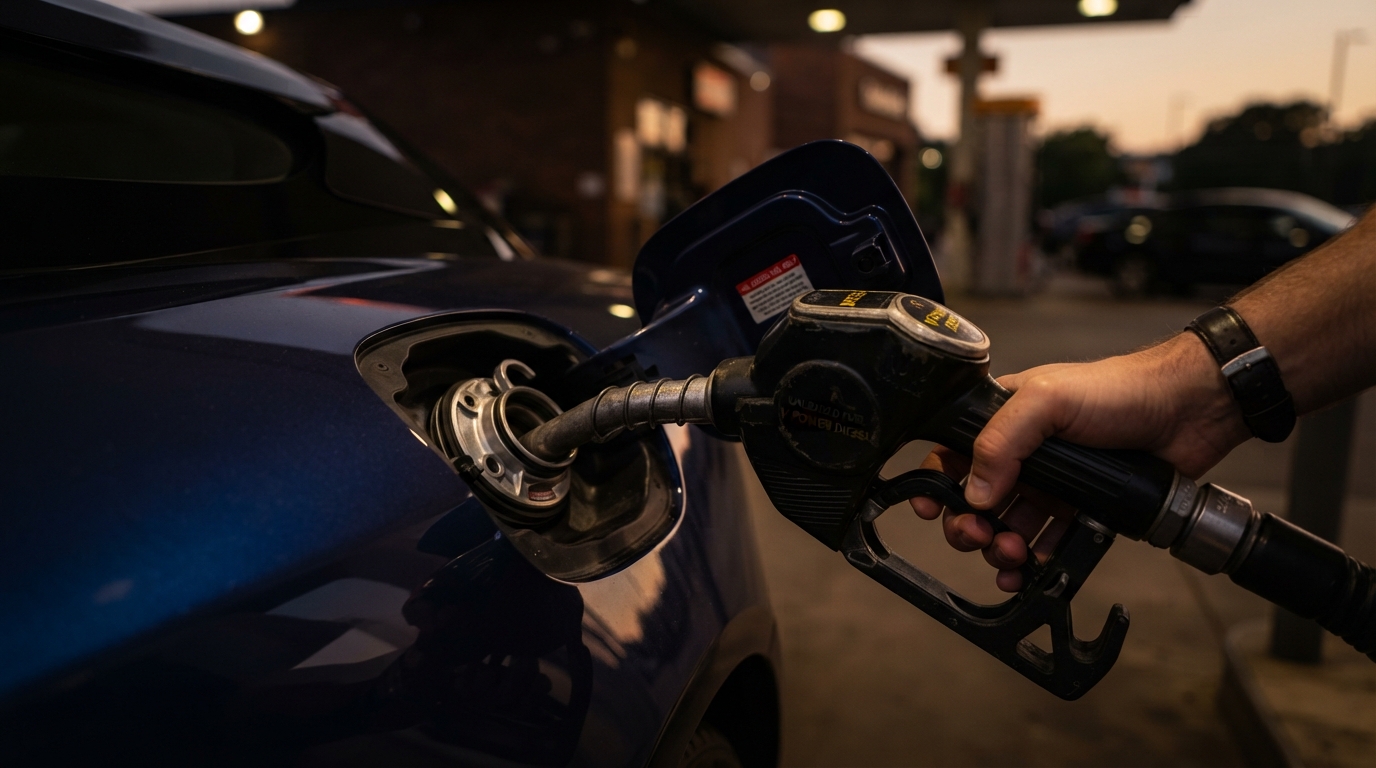 Fuel nozzle in vehicle filler neck close crop