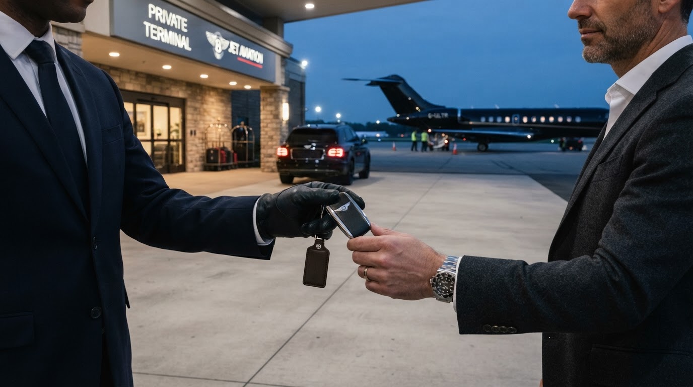 Keys passing between two hands at airport terminal curb