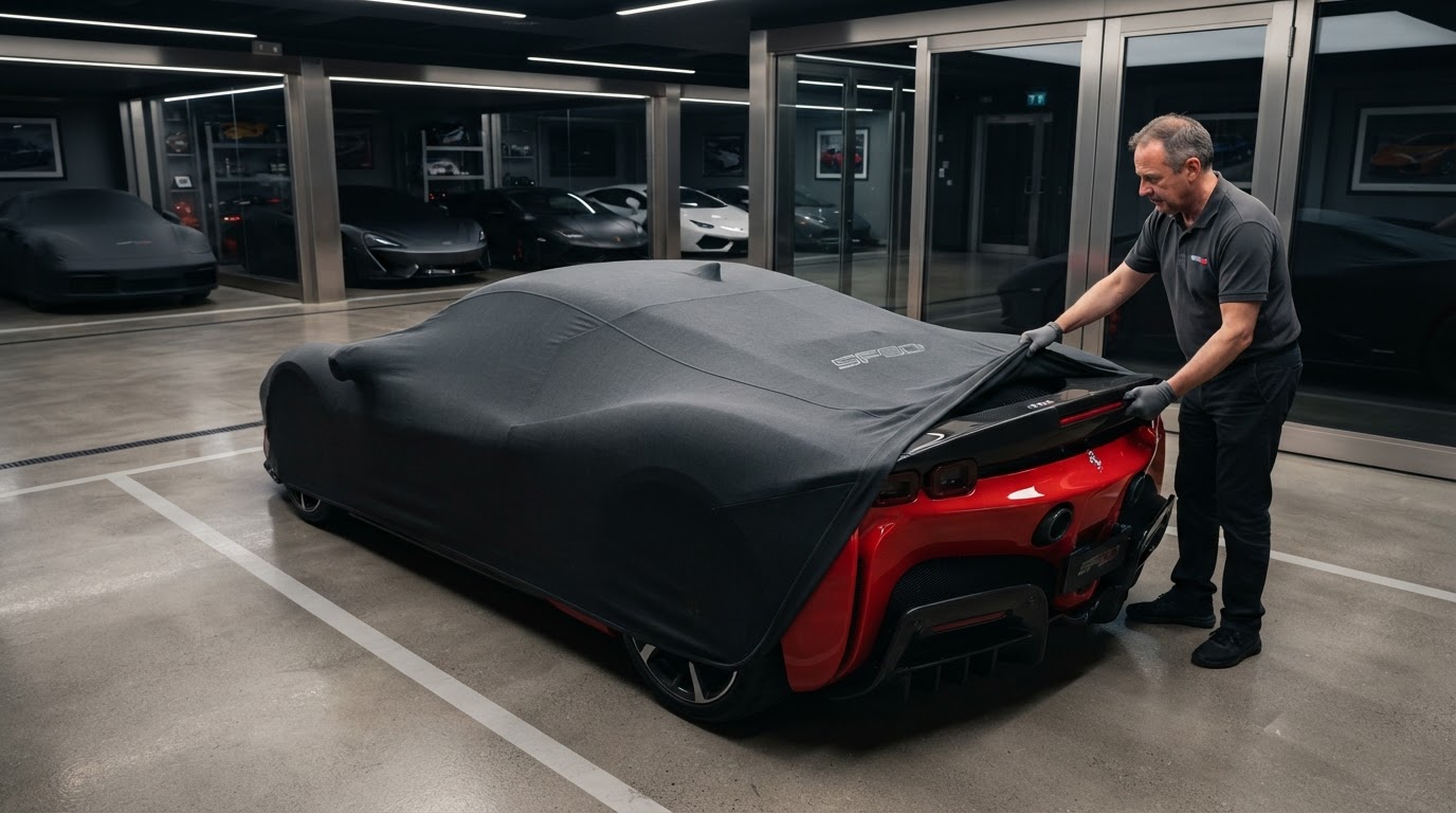 Fitted car cover being drawn over a low vehicle