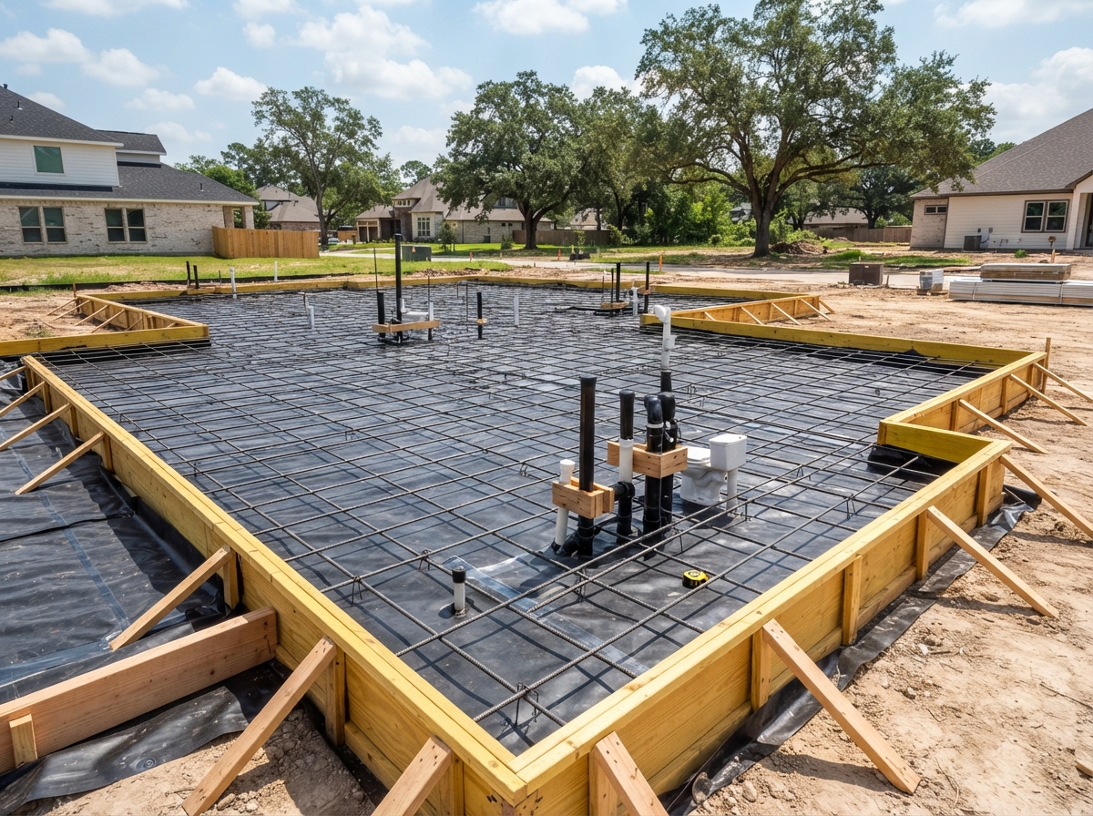 Foundation forms, rebar, plumbing rough-in, and vapor barrier before concrete pour