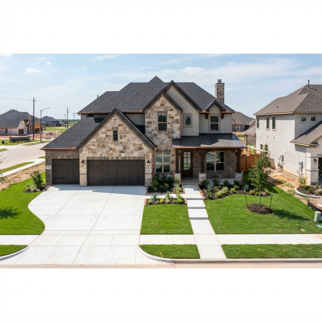 Brand-new completed home in a new construction subdivision with fresh sod