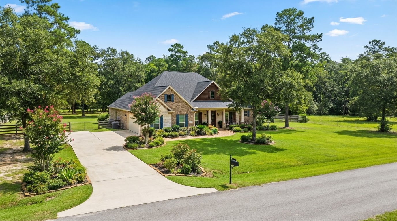 Residential property with trees and open space in the Huffman, Texas area