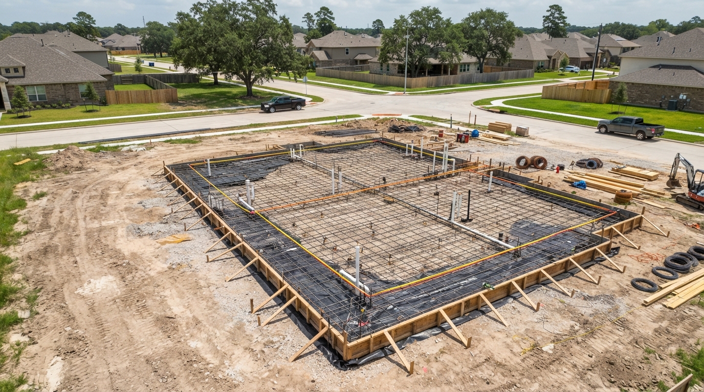 Elevated view of a typical 1,500-2,500 sq ft suburban Houston single-family home foundation with form boards, rebar, and plumbing rough-ins before concrete pour
