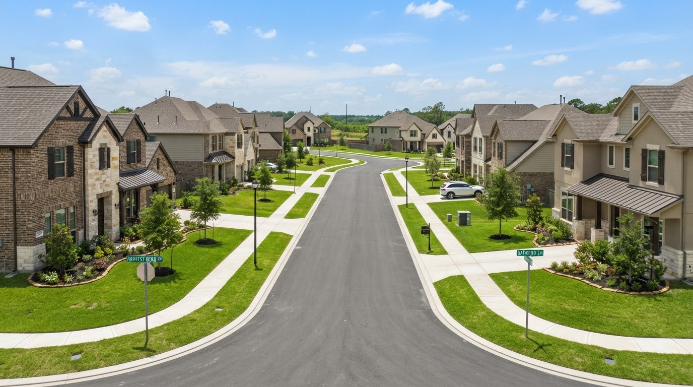 New construction subdivision with recently built single-family homes in New Caney, Texas