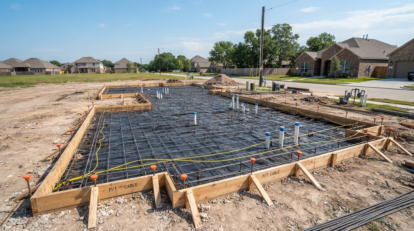 Pre-pour foundation preparation for a typical suburban Houston single-family home showing form boards, rebar, post-tension cables, and plumbing stub-ups