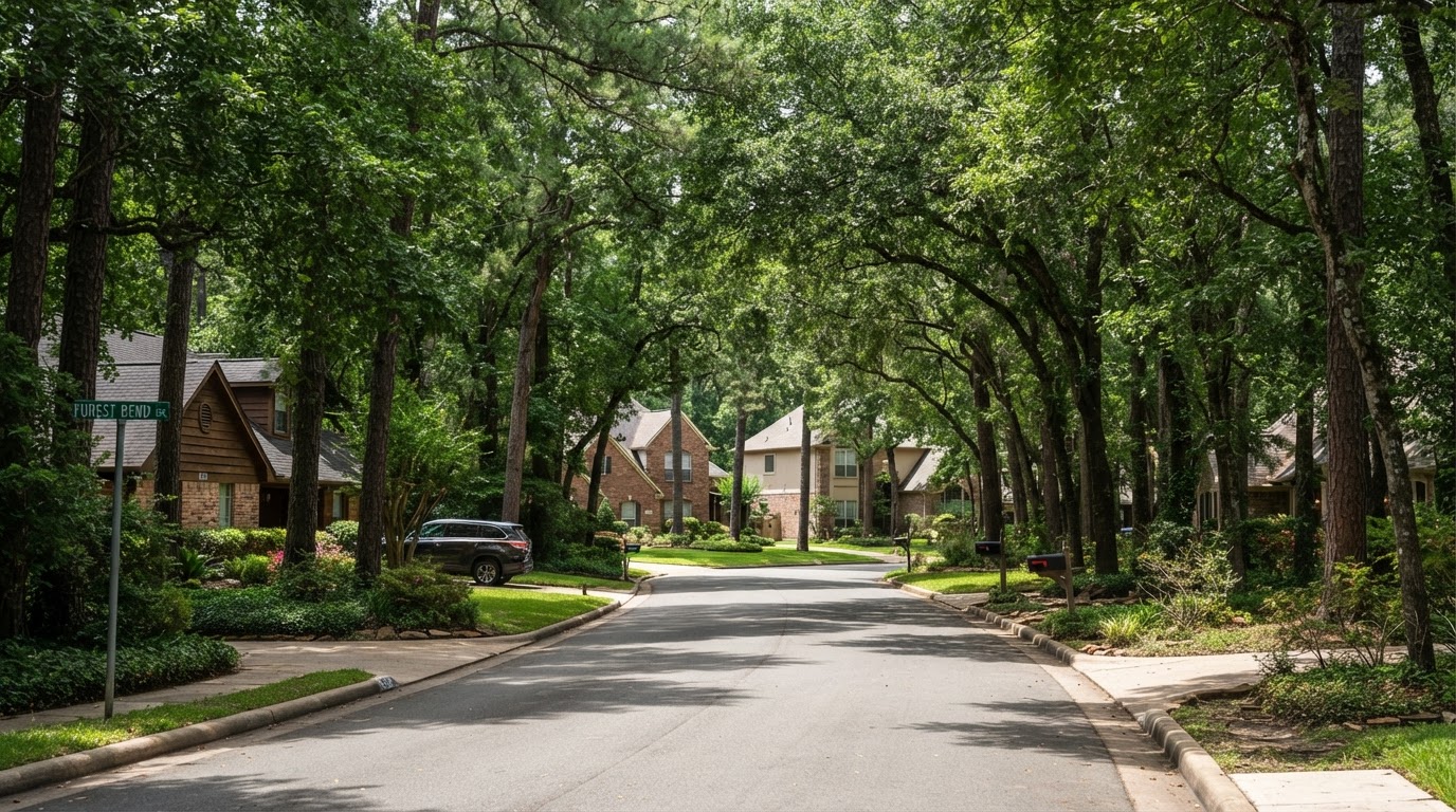 Wooded residential street with mature trees in Kingwood, Texas