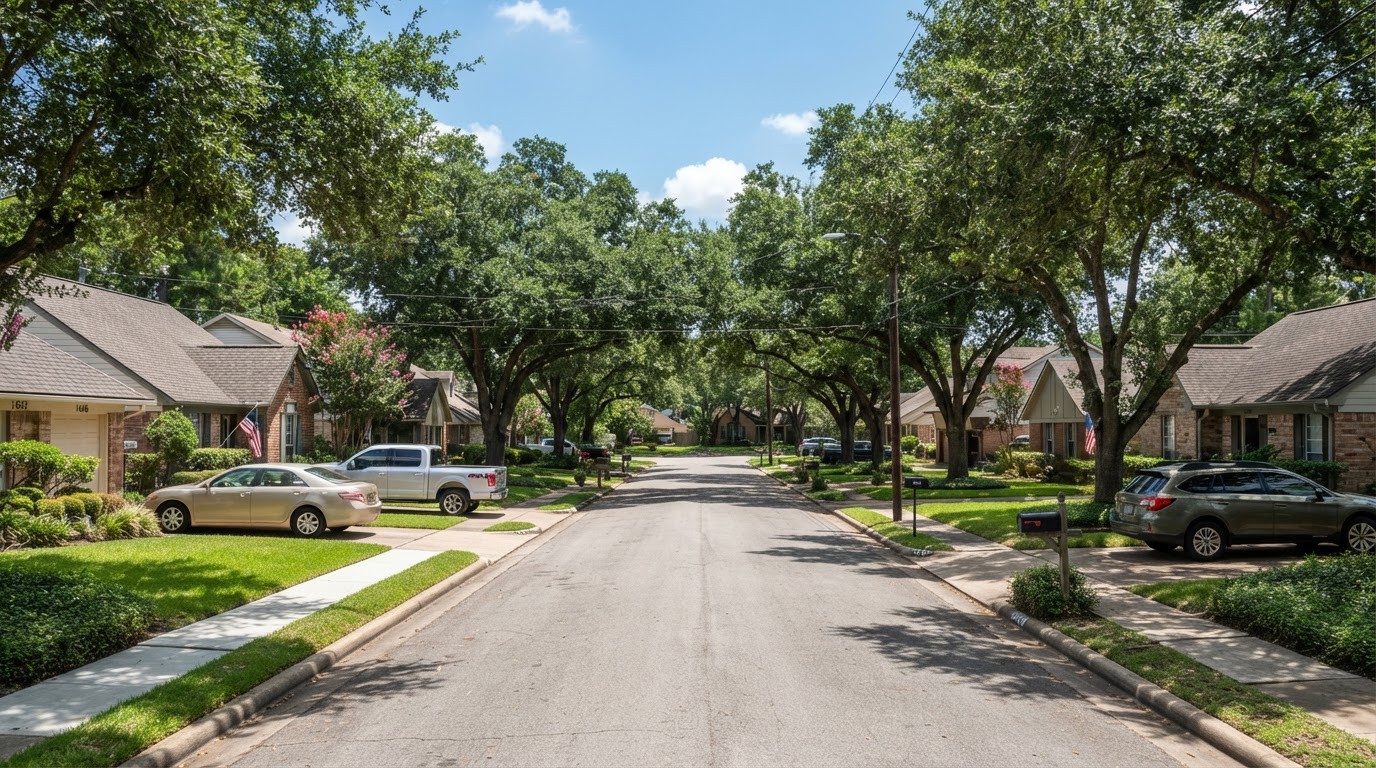 Established residential street with single-family homes in Baytown, Texas
