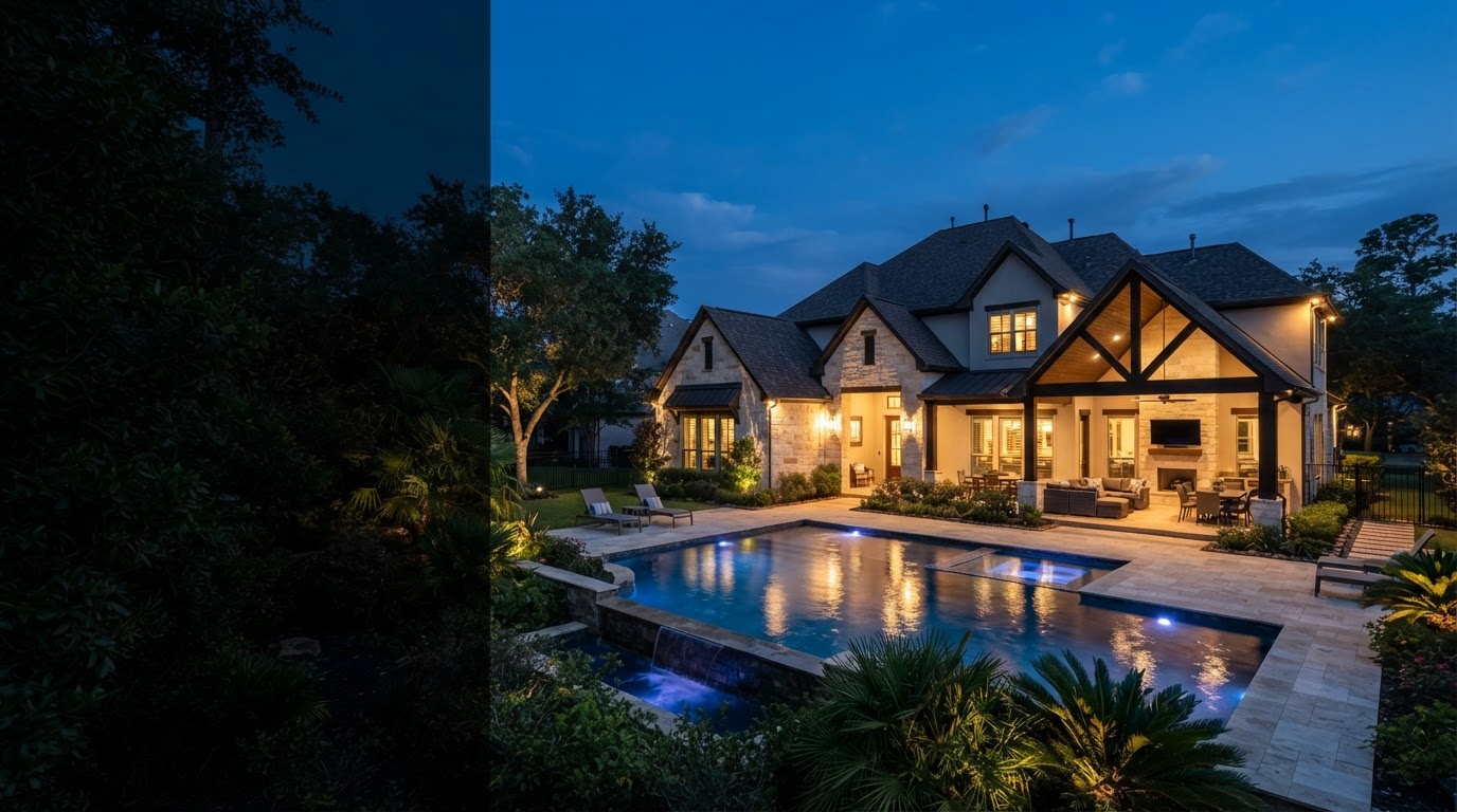Houston-area home with pool, roofline, and exterior details at dusk