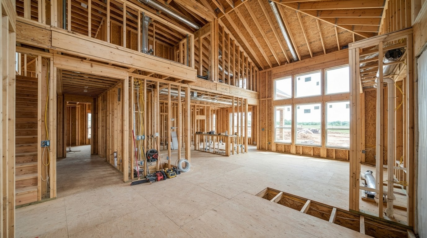 New construction home interior at the pre-drywall stage with framing, wiring, and rough-ins visible